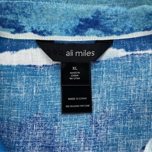Ali Miles Green Blue Artsy Print Blouse Linen Lagenlook Button Front Top Size XL - Picture 4 of 11